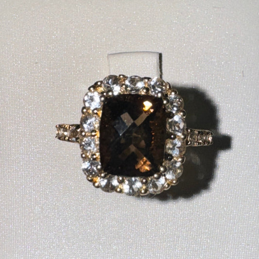 14K Gold Ring White Sapphire a& Quartz Fumé